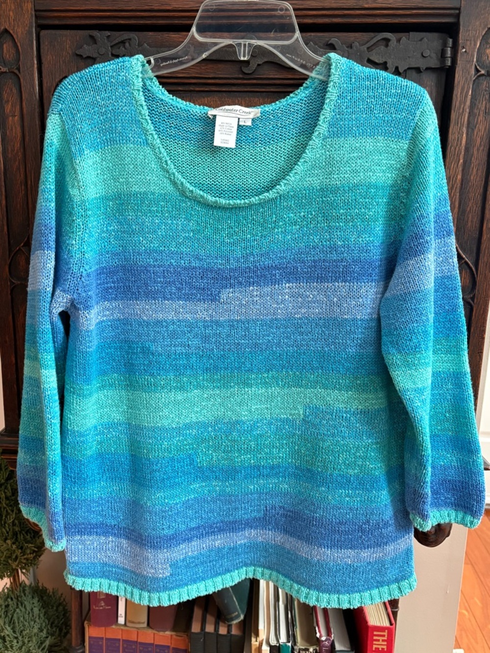 Coldwater Creek:Large, Women's Aqua, purple, green blue Striped Knit Sweater